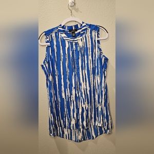 NWOT Alfani Sleeveless Blouse. Size Medium. Blue, Black, White, Silver Stripes.